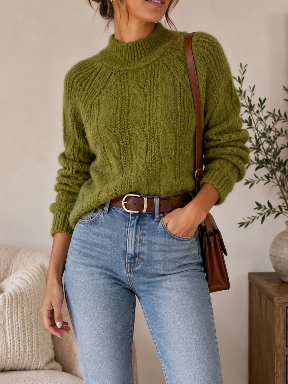 J.Crew Alpaca Blend Cable Knit Mockneck Sweater Olive Green Small
